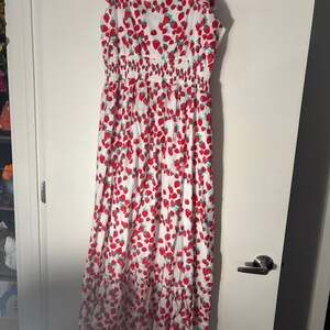 Betsey Johnson Strawberry Print Smocked Waist Ruffle Sleeve Maxi Dress